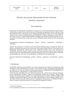 Revision Devonischer Gastropoden Aus Dem Frettertal (Givetium; Sauerland) 1. Einleitung