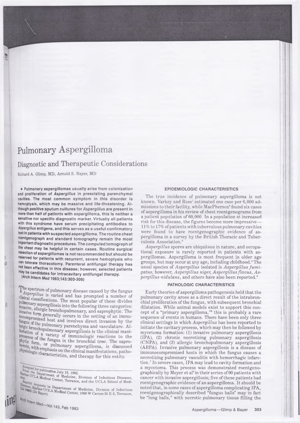 Pulmonary Aspergilloma Diagnostic and Therapeutic Considerations