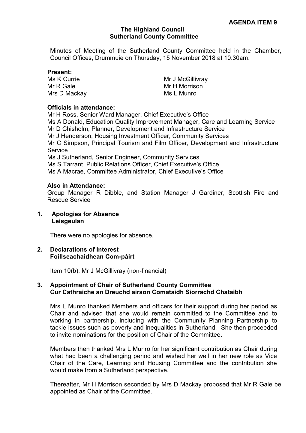 AGENDA ITEM 9 the Highland Council Sutherland County Committee