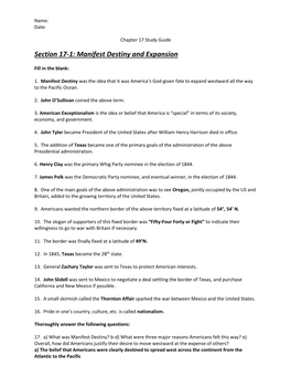 Section 17-1: Manifest Destiny and Expansion