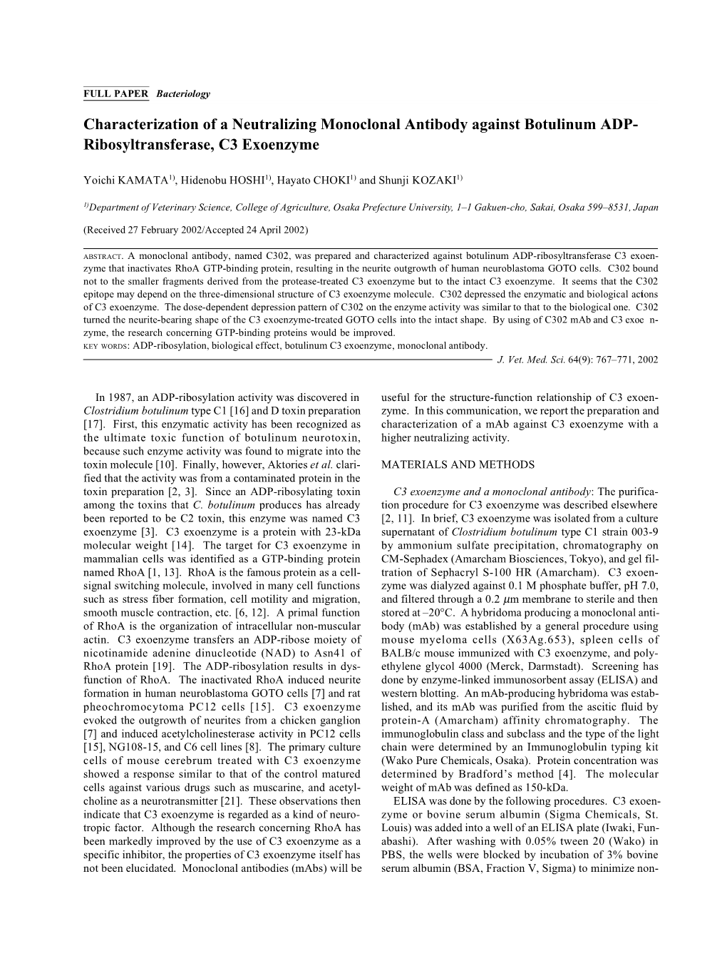 Characterization of a Neutralizing Monoclonal Antibody Against Botulinum ADP- Ribosyltransferase, C3 Exoenzyme