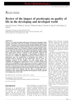 Review of the Impact of Presbyopia on Quality of Life in the Developing and Developed World