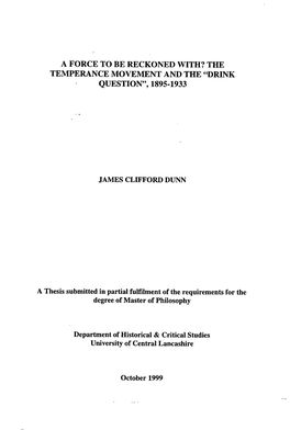 The Temperance Movement and the "Drink Question", 1895-1933