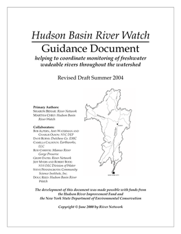 Hudson Basin River Watch Guidance Document Helping to Coordinate Monitoring of Freshwater Wadeable Rivers Throughout the Watershed
