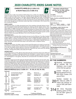 2020 CHARLOTTE 49ERS GAME NOTES CHARLOTTE 49ERS (0-2; C-USA: 0-1) Charlotte at North Texas Saturday, Oct
