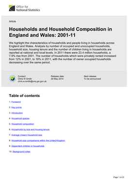 Households and Household Composition in England and Wales: 2001-11
