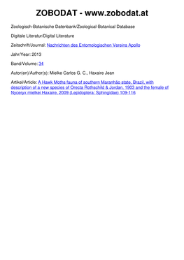 A Hawk Moths Fauna of Southern Maranhão State, Brazil, with Description of a New Species of Orecta Rothschild & Jordan, 19