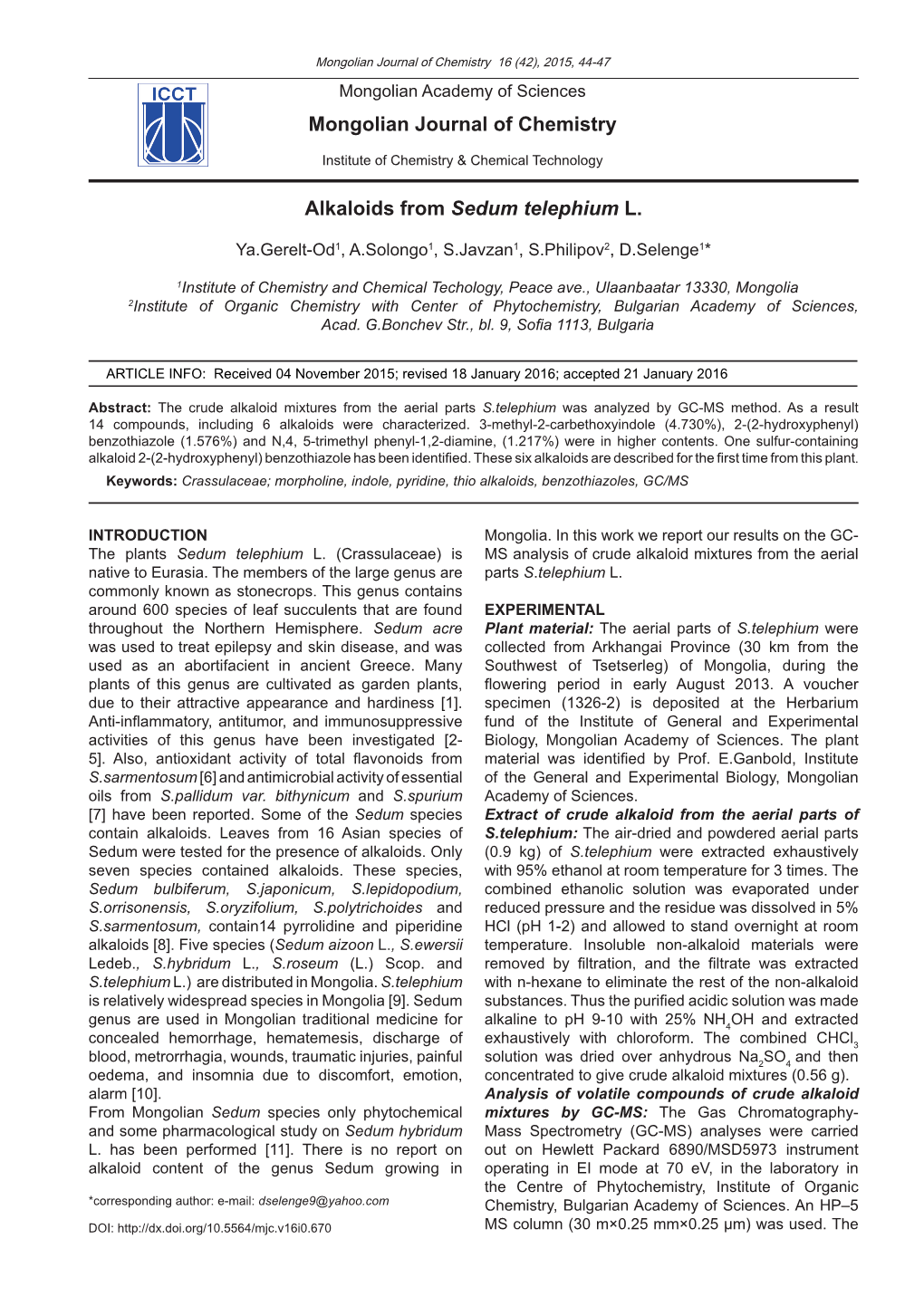 Mongolian Journal of Chemistry Alkaloids from Sedum Telephium L
