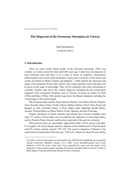 The Dispersal of the Formosan Aborigines in Taiwan
