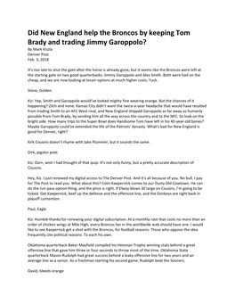 Did New England Help the Broncos by Keeping Tom Brady and Trading Jimmy Garoppolo? by Mark Kiszla Denver Post Feb