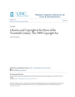 Libraries and Copyright at the Dawn of the Twentieth Century: the 1909 Opc Yright Act Laura N