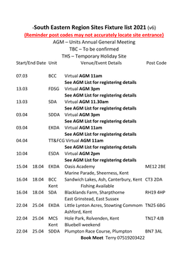 South Eastern Region Sites Fixture List 2021 (V6)