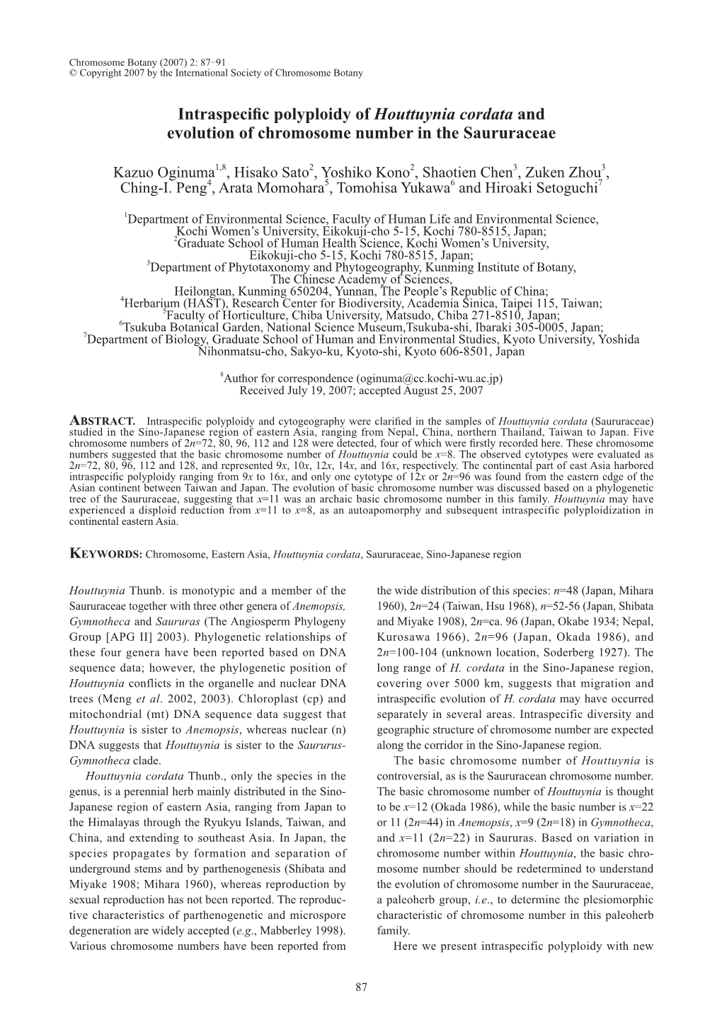 Intraspecific Polyploidy of Houttuynia Cordata and Evolution of Chromosome Number in the Saururaceae