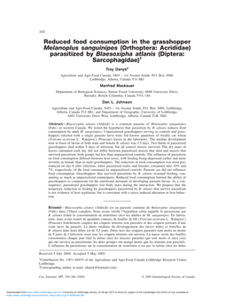 Reduced Food Consumption in the Grasshopper Melanoplus Sanguinipes (Orthoptera: Acrididae) Parasitized by Blaesoxipha Atlanis (Diptera: Sarcophagidae)1