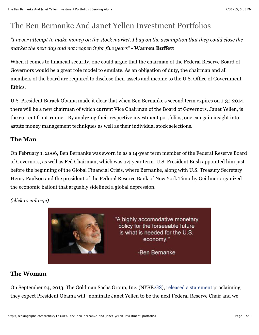 The Ben Bernanke and Janet Yellen Investment Portfolios | Seeking Alpha 7/31/15, 5:33 PM