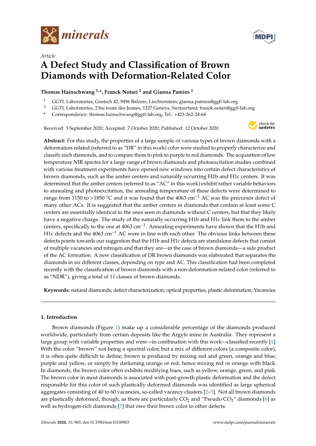 A Defect Study and Classification of Brown Diamonds with Deformation