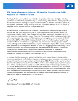 ATB Financial Response: February 12 Standing Committee on Public Accounts for FY2018-19 Results