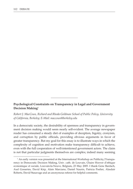 Psychological Constraints on Transparency in Legal and Government Decision Making1 Robert J