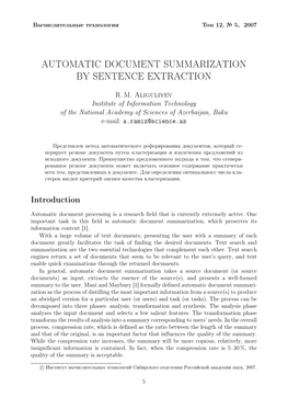 Automatic Document Summarization by Sentence Extraction