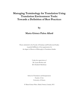 Managing Terminology for Translation Using Translation Environment Tools: Towards a Definition of Best Practices
