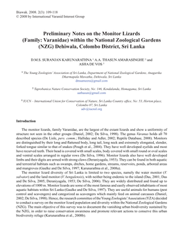 Preliminary Notes on the Monitor Lizards (Family: Varanidae) Within the National Zoological Gardens (NZG) Dehiwala, Colombo District, Sri Lanka