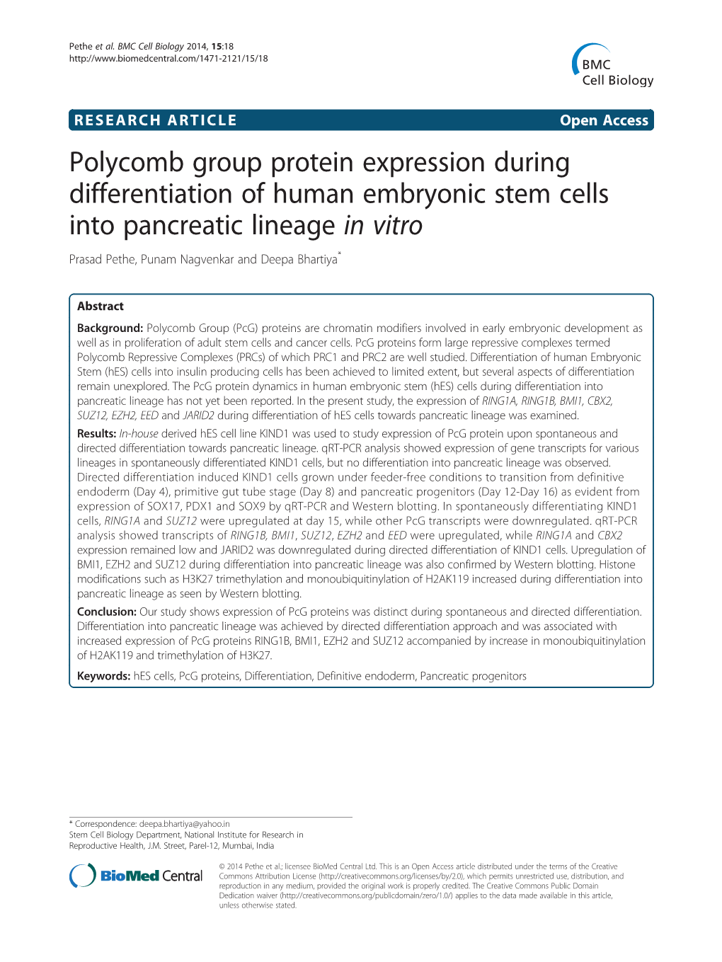 Polycomb Group Protein Expression During Differentiation of Human