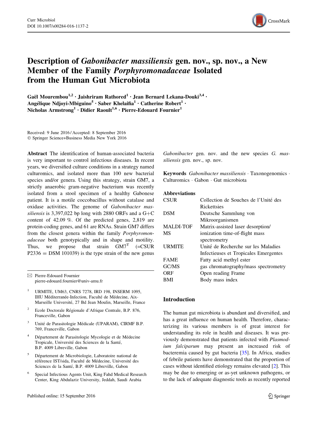 Description of Gabonibacter Massiliensis Gen. Nov., Sp. Nov., a New Member of the Family Porphyromonadaceae Isolated from the Human Gut Microbiota