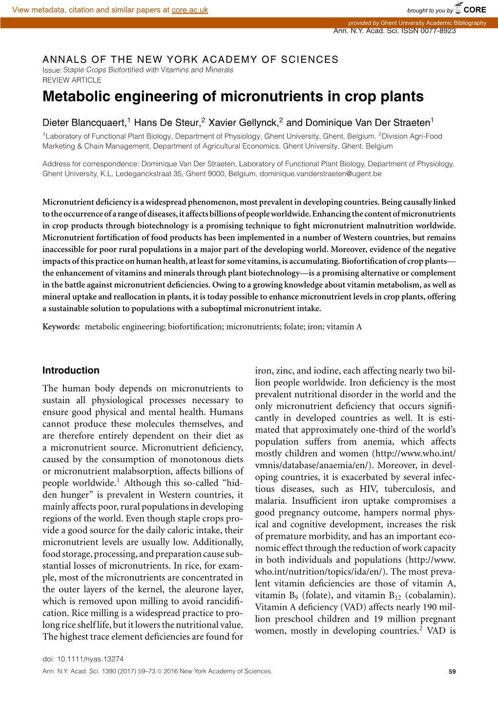 Metabolic Engineering of Micronutrients in Crop Plants