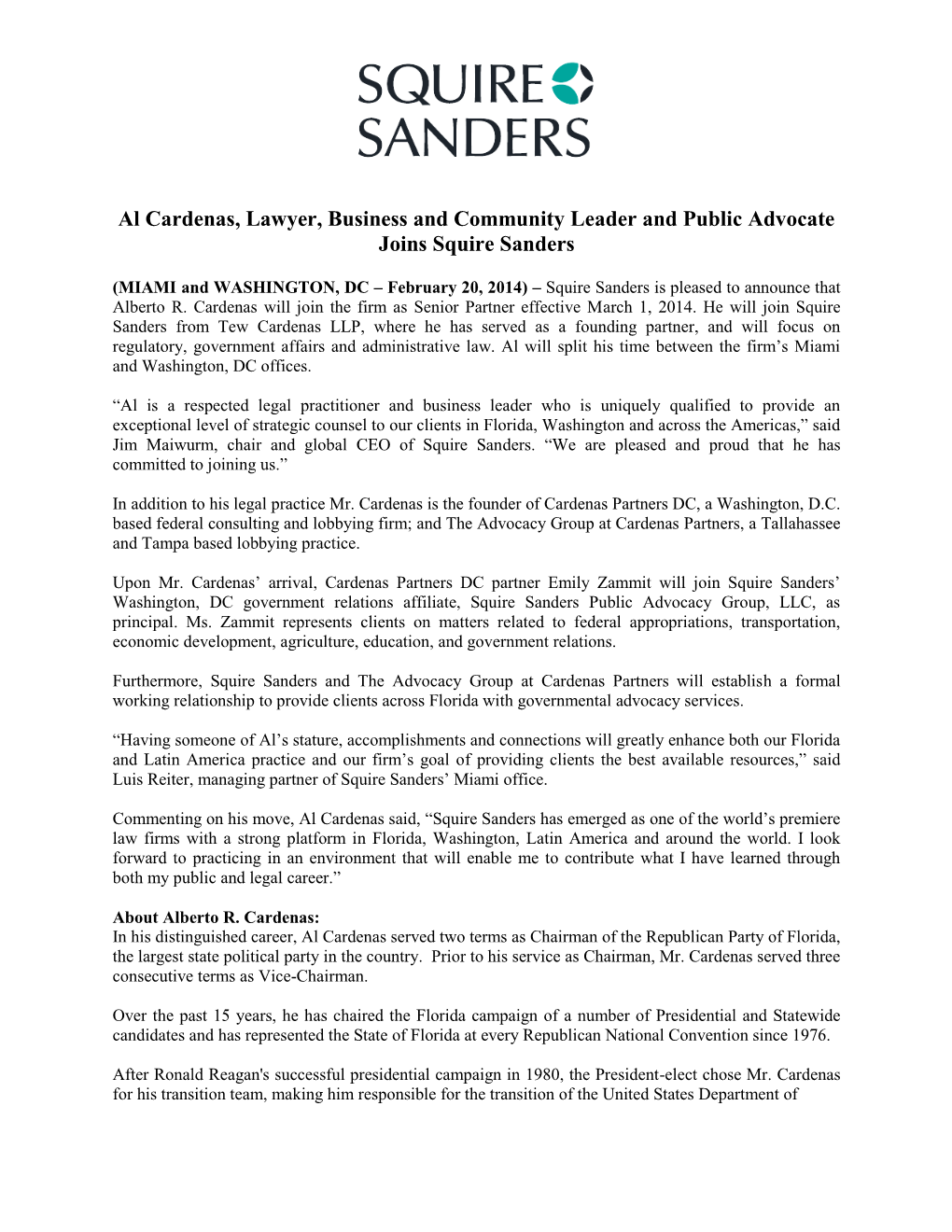 Al Cardenas, Lawyer, Business and Community Leader and Public Advocate Joins Squire Sanders