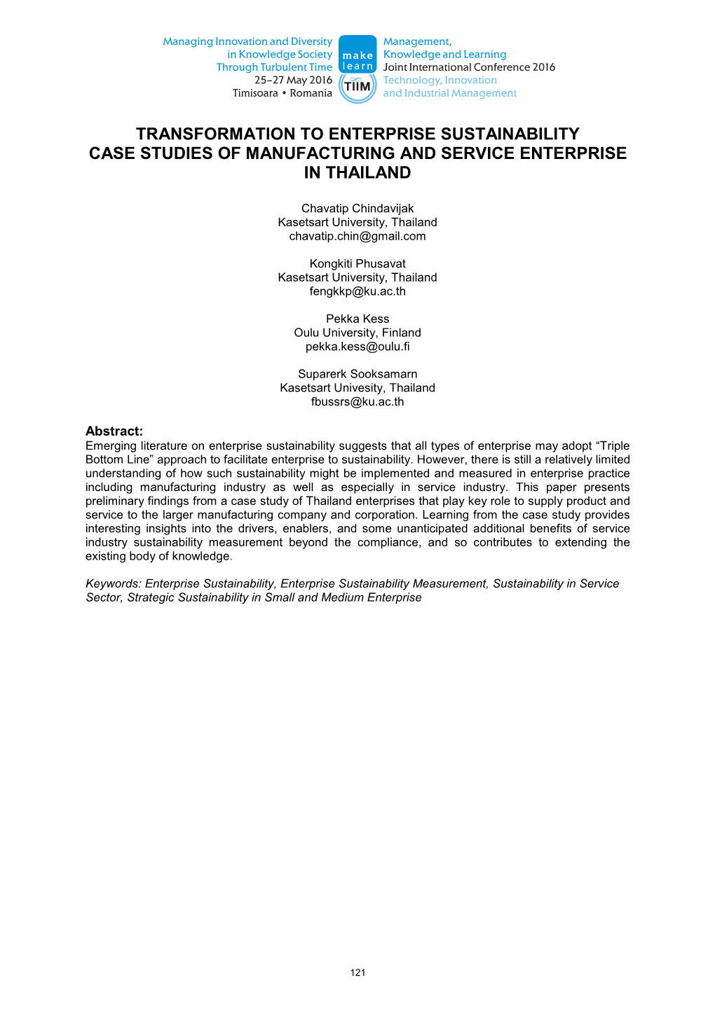 Transformation to Enterprise Sustainability Case Studies of Manufacturing and Service Enterprise in Thailand