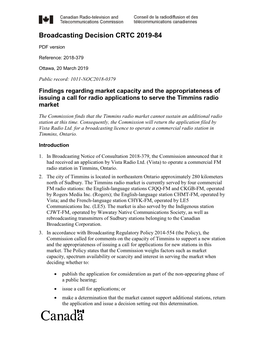 Findings Regarding Market Capacity and the Appropriateness of Issuing a Call for Radio Applications to Serve the Timmins Radio Market