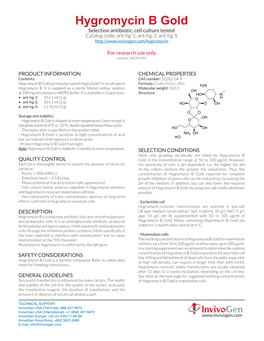 Hygromycin B Gold | Data Sheet | Invivogen