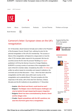 Cameron's Letter: European Views on the UK's Renegotiation