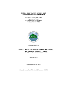 Vascular Plant Inventory of Ka'āpahu, Haleakalā National Park