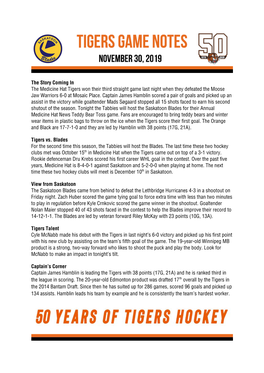 The Story Coming in the Medicine Hat Tigers Won Their Third Straight Game Last Night When They Defeated the Moose Jaw Warriors 6-0 at Mosaic Place