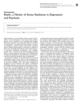 Reelin, a Marker of Stress Resilience in Depression and Psychosis