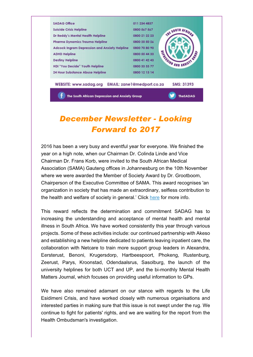 December Newsletter - Looking Forward to 2017