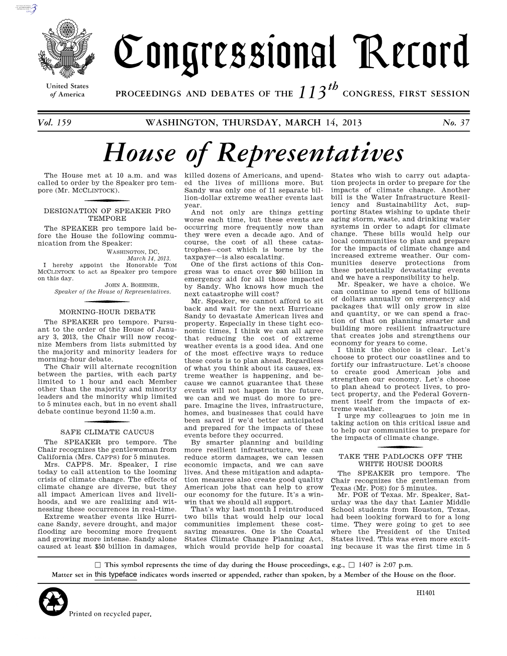 Congressional Record United States Th of America PROCEEDINGS and DEBATES of the 113 CONGRESS, FIRST SESSION