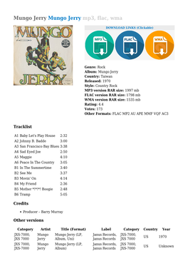 Mungo Jerry Mungo Jerry Mp3, Flac, Wma