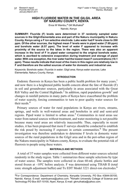 HIGH FLUORIDE WATER in the GILGIL AREA of NAKURU COUNTY, KENYA Enos W Wambu,A GK Muthakiab Nairobi, Kenya