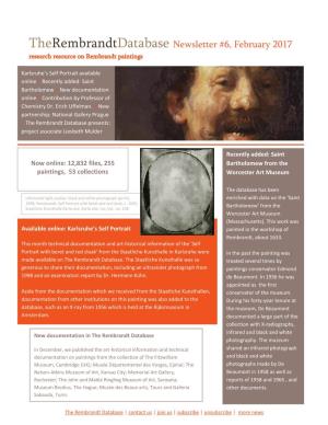 Therembrandtdatabase Newsletter #6, February 2017 Research Resource on Rembrandt Paintings