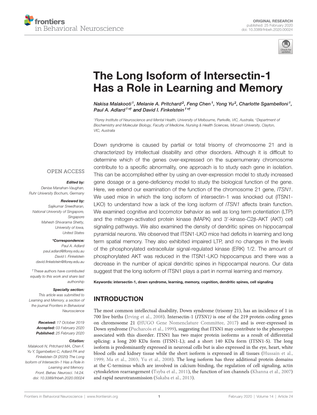 The Long Isoform of Intersectin-1 Has a Role in Learning and Memory