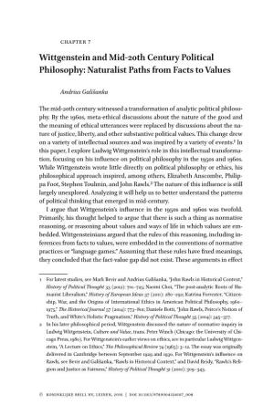 Wittgenstein and Mid-20Th Century Political Philosophy: Naturalist Paths from Facts to Values