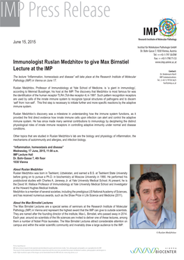 Immunologist Ruslan Medzhitov to Give Max Birnstiel Lecture at The