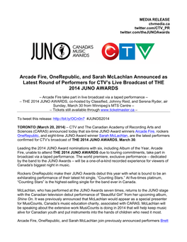 Arcade Fire, Onerepublic, and Sarah Mclachlan Announced As Latest Round of Performers for CTV’S Live Broadcast of the 2014 JUNO AWARDS
