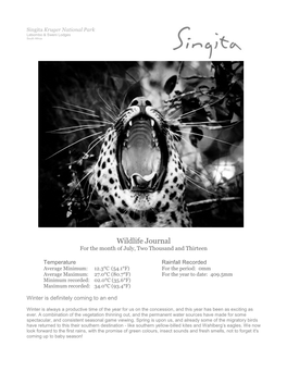Singita Kruger National Park Wildlife Report August 2013