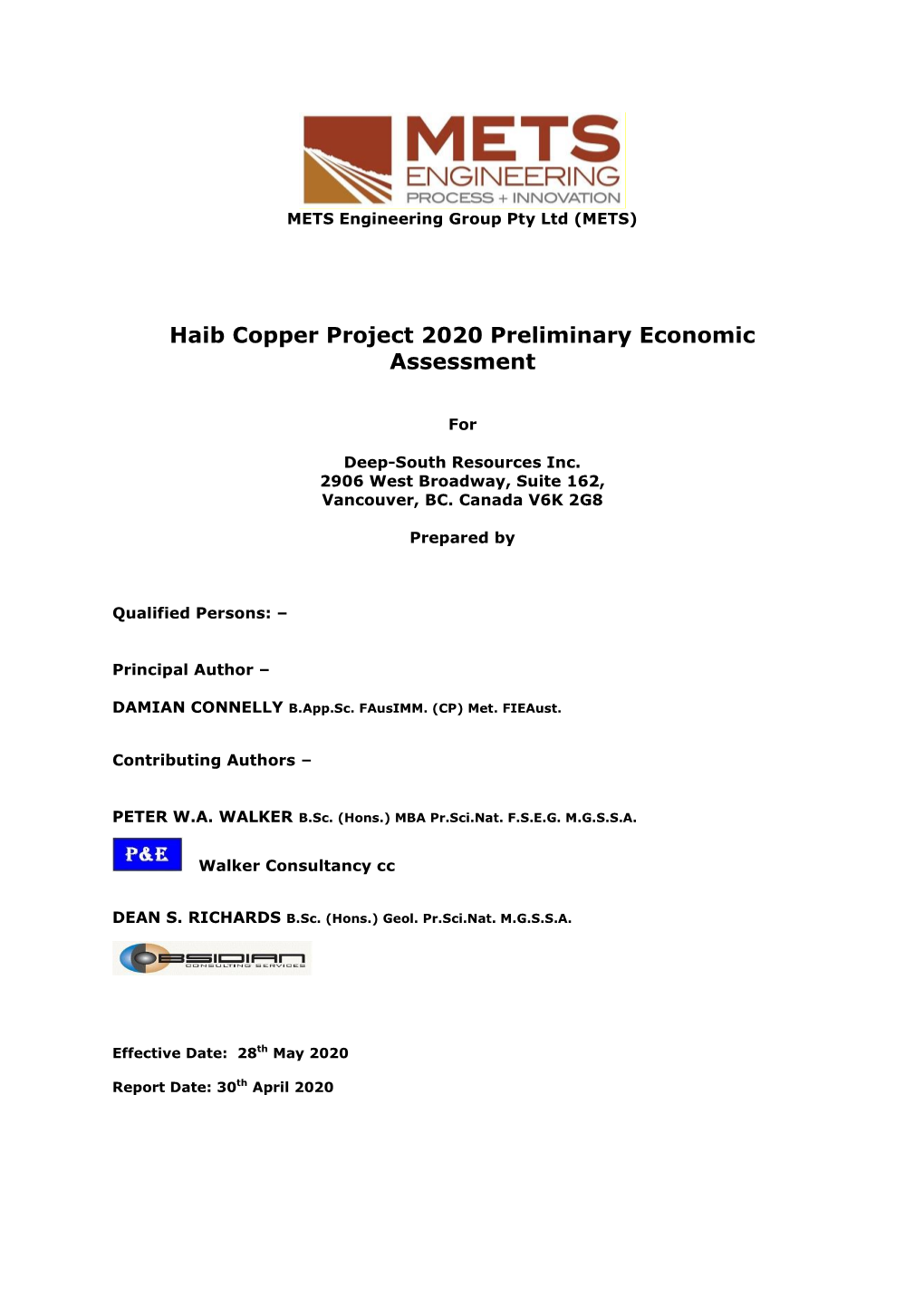 Haib Copper Project 2020 Updated Preliminary Economic Assessment