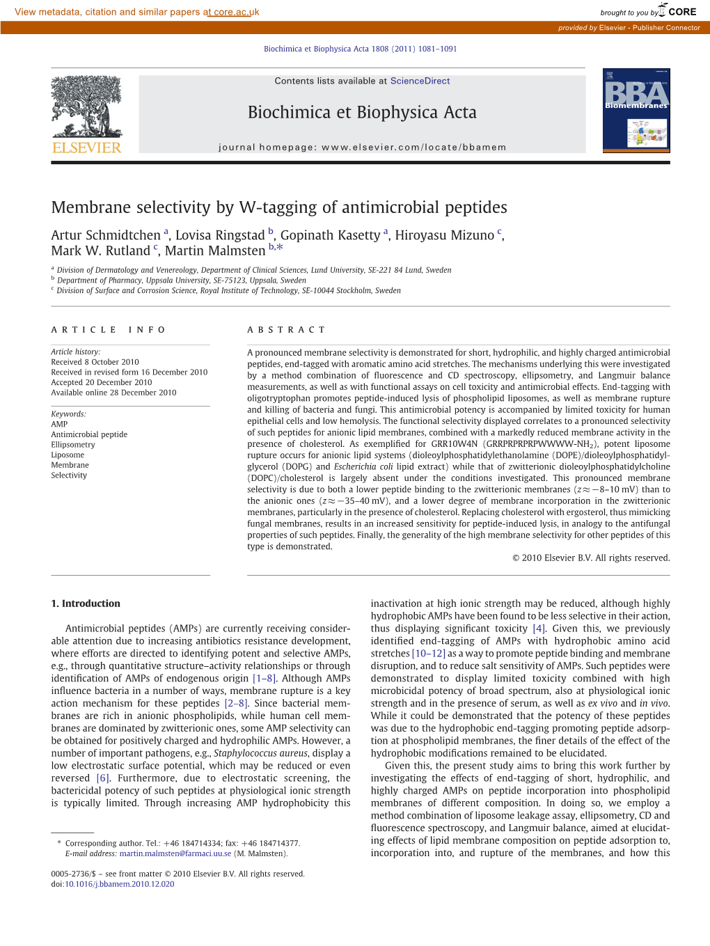 Membrane Selectivity by W-Tagging of Antimicrobial Peptides