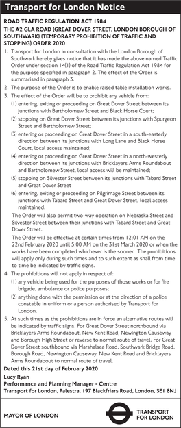 Great Dover Street, London Borough of Southwark) (Temporary Prohibition of Traffic and Stopping) Order 2020 1