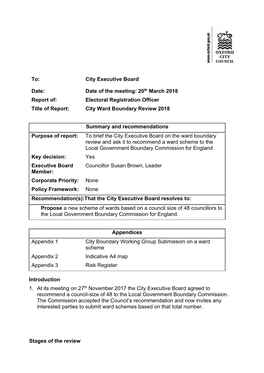 20Th March 2018 Report Of: Electoral Registration Officer Title of Report: City Ward Boundary Review 2018